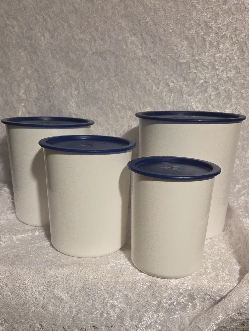 Tupperware: White Canisters with Blue Lids - Set of 4